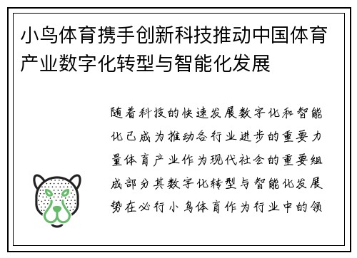 小鸟体育携手创新科技推动中国体育产业数字化转型与智能化发展