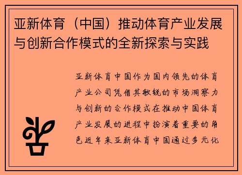 亚新体育（中国）推动体育产业发展与创新合作模式的全新探索与实践