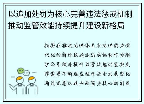 以追加处罚为核心完善违法惩戒机制推动监管效能持续提升建设新格局 以追加处罚为核心完善违法惩戒机制推动监管效能持续提升建设新格局